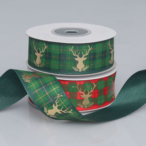 Ruban en polyester à carreaux de Noël en gros-grain avec motif tête de cerf et estampage à chaud doré, pour nœuds cadeaux DIY et emballage de sapins de Noël - Product Image 1
