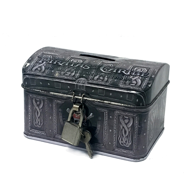 Custom Printed Wholesale New Design Retro Treasure Box Shape Money Saving Coin Bank Empty Tin Can Money Box with Lock Tinplate