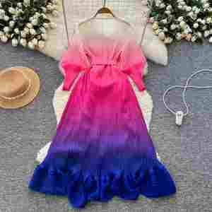 Robe midi plissée à col en V pour femme, style tunique, avec manches lanternes, coupe empire, dégradé et dentelle à volants - Product Image 4