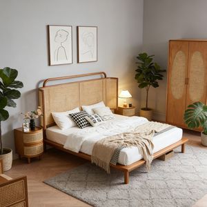Lit mural en bois massif <span class=keywords><strong>de</strong></span> frêne tressé en rotin, style Wabi Sabi moderne et organique, disponible en tailles King et Queen, mobilier <span class=keywords><strong>de</strong></span> chambre à coucher - Product Image 1