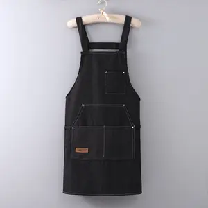 Cozinha preta casa bib avental para mulheres Bordado personalizado Logo chef Cooking Denim chef lona Avental com bolsos