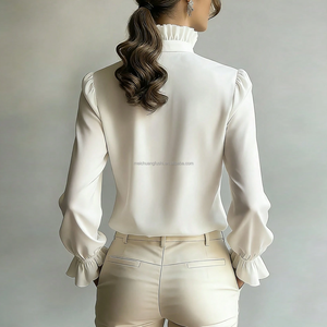 Chemisier personnalisé pour femme à volants et <span class=keywords><strong>jabot</strong></span>, col montant, manches longues, en satin de soie, élégant, pour le bureau, fabrication OEM - Product Image 2
