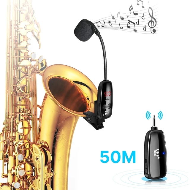 U12SKS-T UHF Wireless Instruments Saxophone Microphone Wireless Receiver Transmitter 50M Range Plug and Play Great for Trumpets