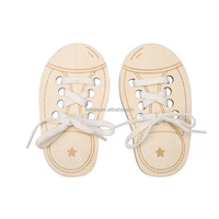 Wooden Shoe Lacing Practice Toy Engraved Educational Game for Kids to Learn Threading and Tie Shoelaces