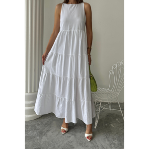 Vestido de Novia de Lino Blanco sin Mangas con Detalle de Llama Larga, Elegante y con Estilo - Product Image 5