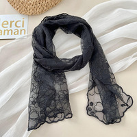 Selendang Panjang Renda Bordir Tipis Vintage Elegan Musim Panas 145*30cm Warna Solid Hiasan Leher Motif Bunga