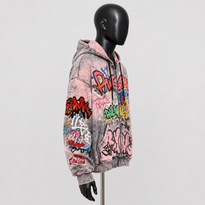 Sweat à capuche zippé personnalisé style graffiti, streetwear, effet délavé, coupe oversize, broderie imprimée, 100% coton, automne, fabrication OEM - Product Image 3