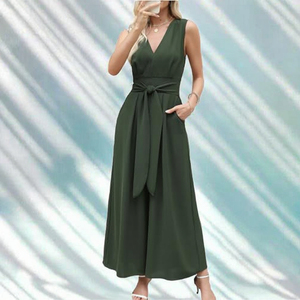 Combinaison longue sans manches en crêpe pour femme, col en V, avec ceinture, couleur unie, coupe ample, décontractée, pour le printemps et l'été - Product Image 3