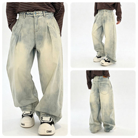 Nouveau pantalon en jean délavé bleu coupe droite ample et tendance - Style basique américain avec motif peint à la main