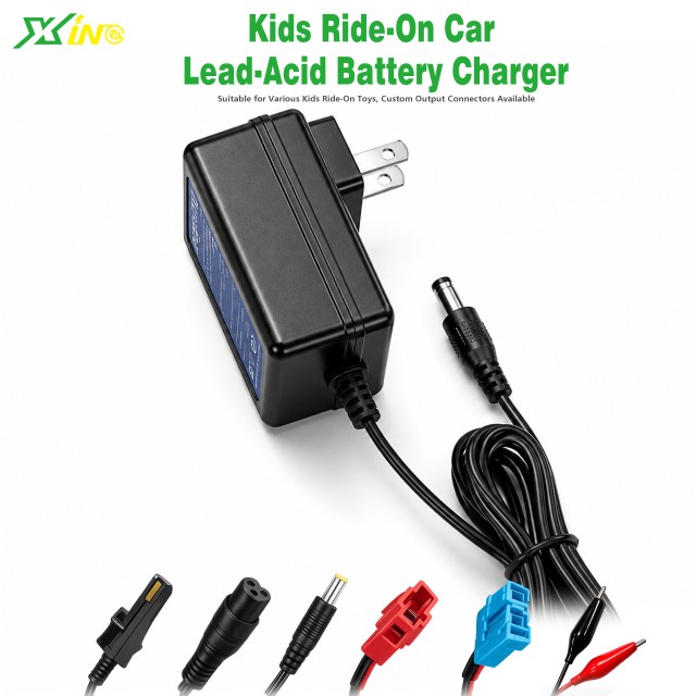 HAOXING FCC Certified 12V 1A Lead Acid Battery Charger for Kids Ride-On Cars with Wall Adapter and 12-Month Warranty
