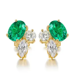 ANSTER Fine Jewelry 18k Pure Yellow Gold White Diamond 1.472 ct Lab Emerald Stud Earrings