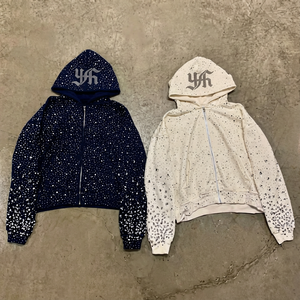 Sweat à capuche zippé surdimensionné pour homme, style streetwear, avec strass et cristaux sur toute la surface, coupe ample et épaisse, personnalisable, vente en gros - Product Image 2