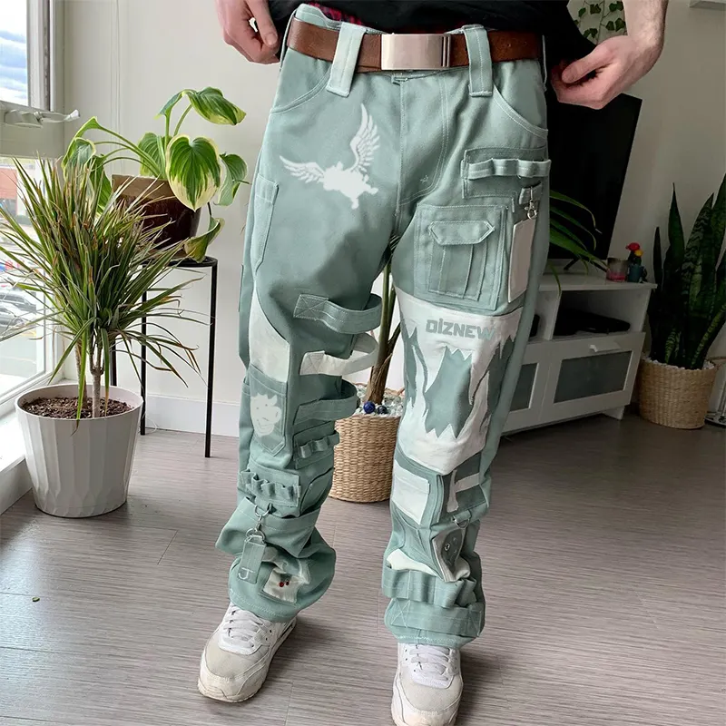 DiZNEW Fashion Full length Hip Hop Low Rise Baggy Jeans Loose Mens Denim Pants Custom Jeans