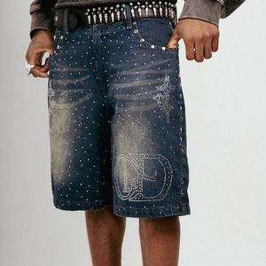 Shorts en Jean Homme 2025 Nouveau Style Streetwear Personnalisé Été OEM Lavage Vintage avec Strass - Product Image 2