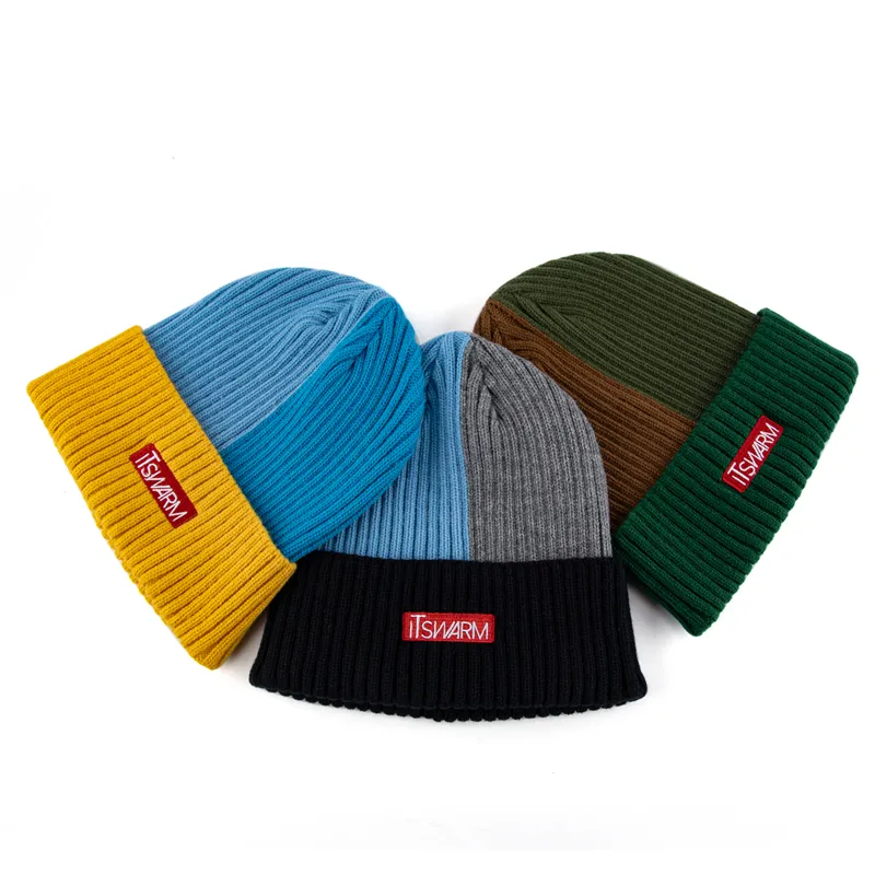 Custom embroidered logo acrylic knitted hats unisex winter men's customised two tone beanie