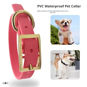 Hochwertiges, robustes, wasserdichtes und verstellbares PVC-Hundehalsband mit breiter Schnalle aus goldfarbenem Metall. - Product Image 2