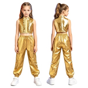 6-16 Kids Girls Stage Show Jazz Dance Outfit Hip-Hop <b>Sequin</b> Metallic Crop <b>Top</b> With Pants Competitions Contemporary Dance Costume - Product Image 3
