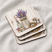 Ensemble de sets de table en MDF écologique, style campagnard, motif floral, avec dos en liège, personnalisable directement de l'usine, avec sous-verres et plateau de service