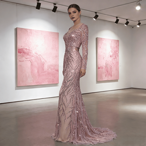 Abito da Sera Lungo Stile Sirena Musulmano di Dubai, Aderente, Senza Schienale, 100% Poliestere, <span class=keywords><strong>Maniche</strong></span> <span class=keywords><strong>Lunghe</strong></span>, Riccamente Decorato con Perline - Product Image 6