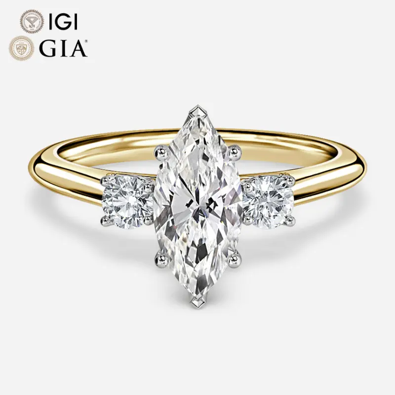 Gia Igi Certified Cvd Lab Grown Created Diamond 10k 14k 18k Gold Engagement Ring Marquise Cut Three Stone Features Petal Claw