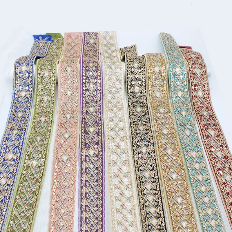New Product Pastel Color Vintage Embroidery Sequins Lace Ribbon Boho Lace Trim