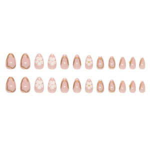 24 faux ongles de luxe en ABS à presser, brillants, pailletés, fleurs 3D en acrylique, couleur nude, forme amande, couvrance totale, pour femmes, salon - Product Image 6