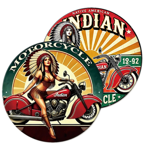 Ensemble de panneaux métalliques ronds vintage <span class=keywords><strong>Indian</strong></span> Motorcycle, décoration murale rétro pour <span class=keywords><strong>garage</strong></span>, bar, atelier automobile, ou décoration de man cave. - Product Image 1