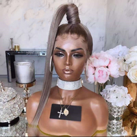 Perruque Lace Front Wig 360 indienne naturelle, cheveux humains, lisses, vierges, alignés, couleur platine ombrée, HD, faux cuir chevelu