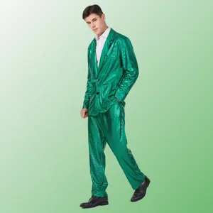 Veste et pantalon à paillettes laser vert pour homme Costume de bal en polyester pour adulte pour les fêtes d'anniversaire et la discothèque d'Halloween