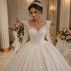 S2282L 2026 moda calda vendita pesante con scollo rotondo brillante diamante romantico elegante gonna Tutu stile palazzo abito da <span class=keywords><strong>sposa</strong></span> di fascia alta - Product Image 1