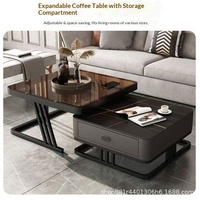 Table basse de luxe pour salon, plateau en verre veiné de pierre, style moderne minimaliste, carrée, avec rangement intégré, petite taille