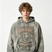 Sweat à capuche délavé pour homme, effet vieilli, bords bruts, imprimé graphique gris, en coton épais, coupe oversize, direct usine