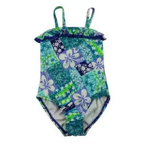 Trajes verdes de verano con volantes de flores para niñas, trajes de baño de una pieza florales verdes para niñas pequeñas, trajes de baño hechos por niñas, un pastel