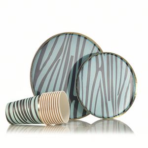 Ensemble de vaisselle jetable en papier à rayures bleues pour pique-nique, idéal pour les fêtes d'anniversaire - Product Image 3