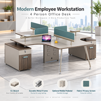 Bureau d'îlot pour 4 personnes en forme de croix avec écran de confidentialité et armoire pour bureau moderne