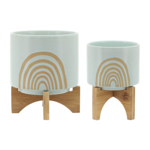 Fioriere in ceramica ad arco con supporto in legno per decorazioni domestiche, vasi per fiori per soggiorno, ingresso, patio e giardino, fioriera rialzata - Product Image 1