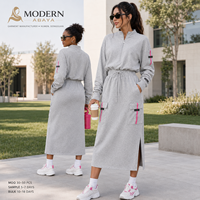 Robe longue en maille sportive à col montant semi-zippé, taille à cordon de serrage, poches cargo, décontractée, hiver, tenue modeste, vente en gros personnalisée