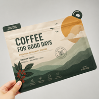 Sacs à café biodégradables imprimés en héliogravure personnalisés, valve de dégazage unidirectionnelle, fond carré, emballage alimentaire de qualité alimentaire, toucher doux mat