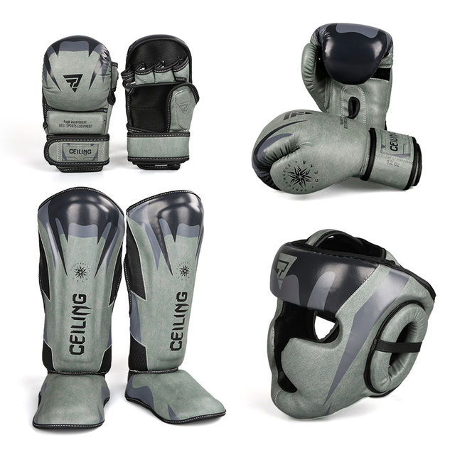 Custom LOGO MMA Boxing Training Equipment Boxing Head Guard 12oz Gloves Leather Muay Thai Shin Gusrd