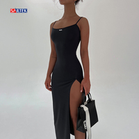 Robe mi-longue pour femmes 2025, grande taille, bretelles spaghetti, robe moulante sexy à bretelles, robe fendue