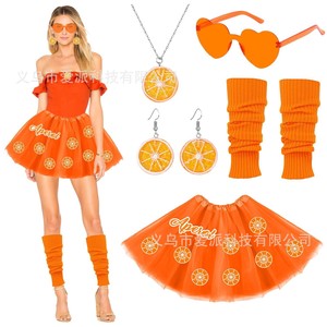 Ensemble de costumes de carnaval orange avec boucles d'oreilles, collier, lunettes de soleil en forme de cœur, chaussettes pour femmes, fête, cosplay - Product Image 1