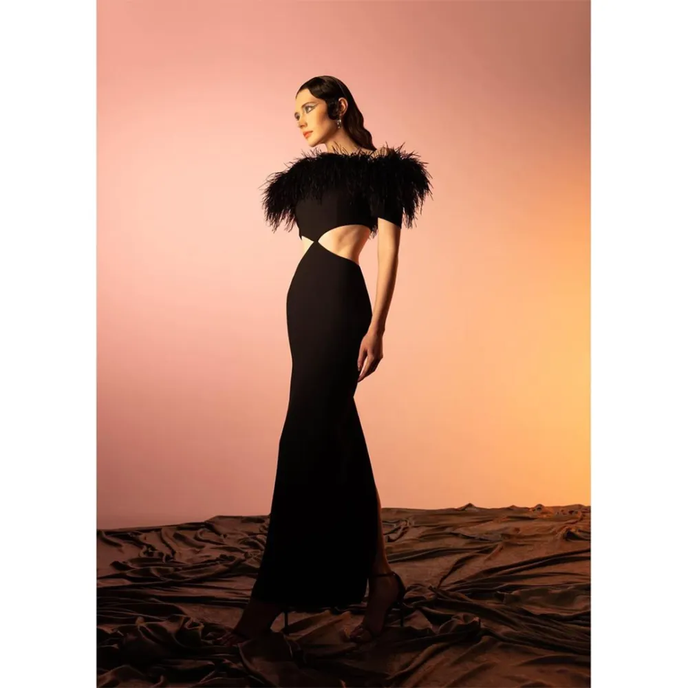 Undefined A7016 Latest Design Black Women Long Party Dress Ladies Evening Dress Feather Cut-out Slit Sexy Casual Dresses Summer