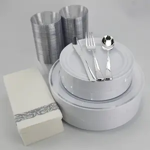 Conjunto de louça de plástico elegante com talheres para festas, conjunto de pratos de plástico resistente com BPA 350 unidades para casamento