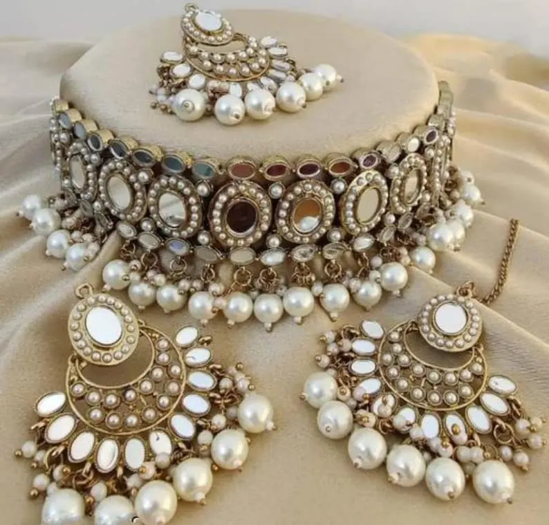 Indian Traditional Gold Plated Oxidized Kundan Choker Necklace Set With Earrings Mang Teeka Bollywood Style Mirror Necklace