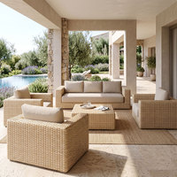 Ensemble de canapés de patio haut de gamme en rotin carré entièrement enveloppé, mobilier d'extérieur moderne en aluminium pour terrasse de complexe hôtelier