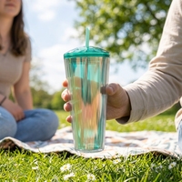 Bouteille d'eau en plastique texturé de 600 ml avec couvercle à paille rabattable, sans BPA, qualité alimentaire, double paille, tasse portable – Vente en gros