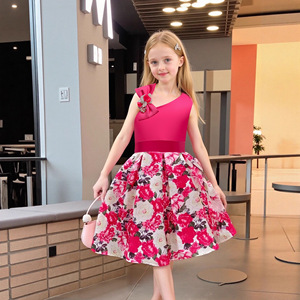 Girls' Floral Print Sleeveless A-Line Dress With Bow Pink Princess Flower Girl Costume K2 - Product Image 3