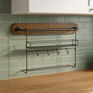 Living Room Wall Storage Flower Pot <b>Rack</b> with Cup Hooks Eco-Friendly Iron & Wood - Product Image 2