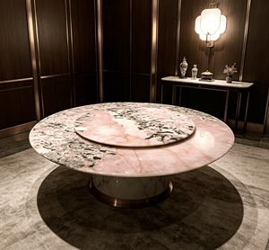 Table à manger moderne en granit rose naturel de luxe avec plateau tournant Lazy Susan, pieds en métal, 8 places, mobilier de maison - Product Image 3