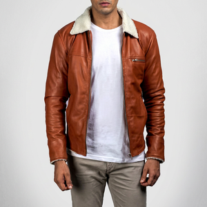 Chaqueta de cuero marrón para hombre con cuello de piel de cordero, piel auténtica, estilo casual de invierno, con cremallera. - Product Image 1